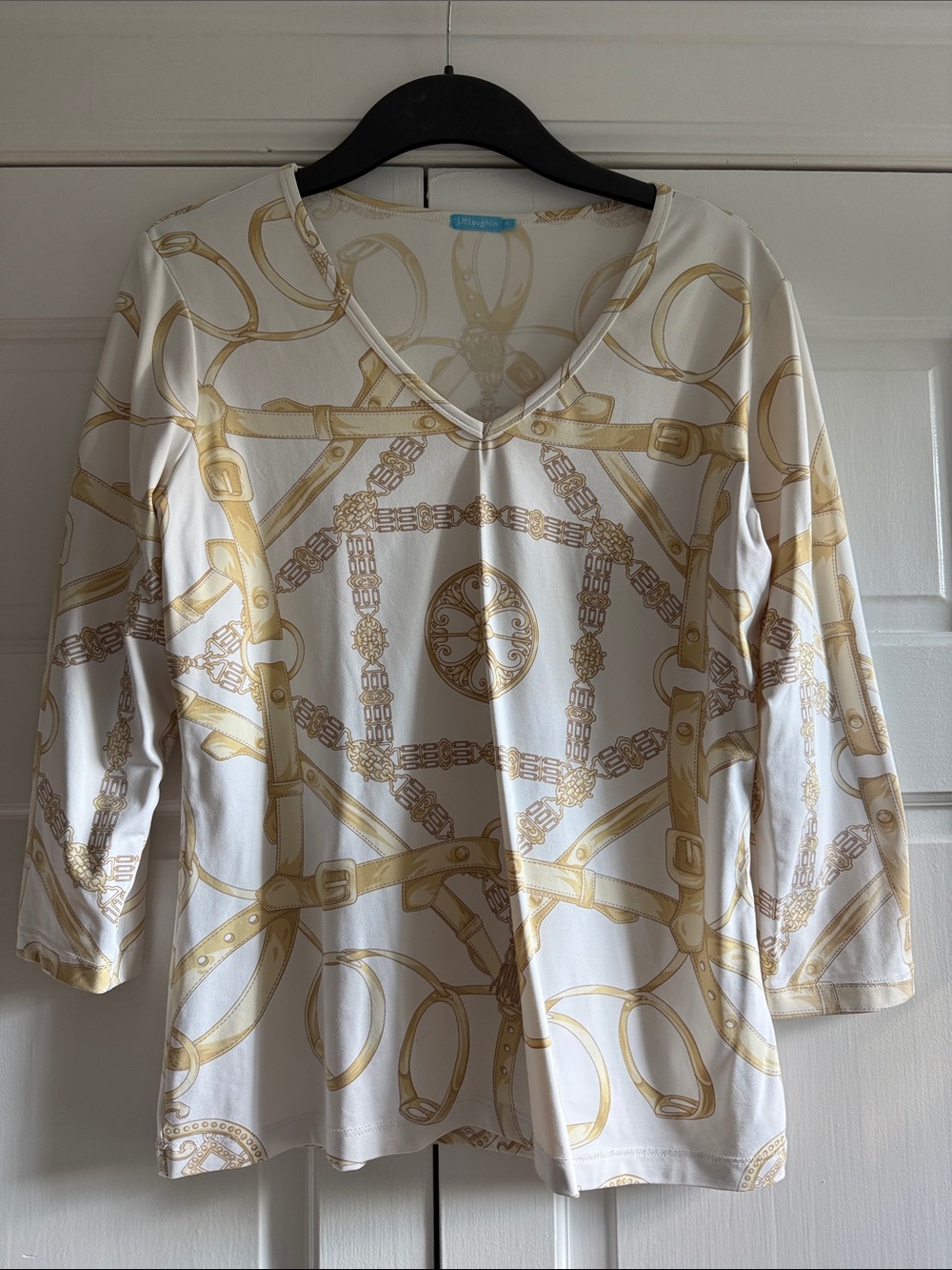 J. McLaughlin Cream V-Neck Top with Gold Chain & Belt Motif